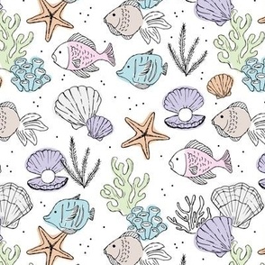 Cute nineties retro ocean with coral and fish - ocean life tropical sea shells and stars pastel pink lilac blue mint on white