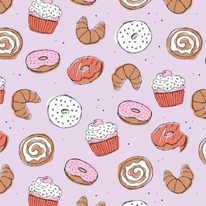 The sweet minimalist baker - croissants cupcakes cinnamon bun and donuts baked goods design coral  pink girls palette on lilac