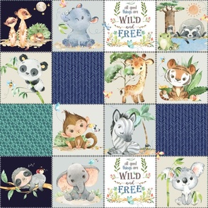 4 1/2" Safari Animals Cheater Quilt B - Jungle Nursery Baby Blanket, Giraffe Sloth Zebra Koala Tiger (teal + navy)