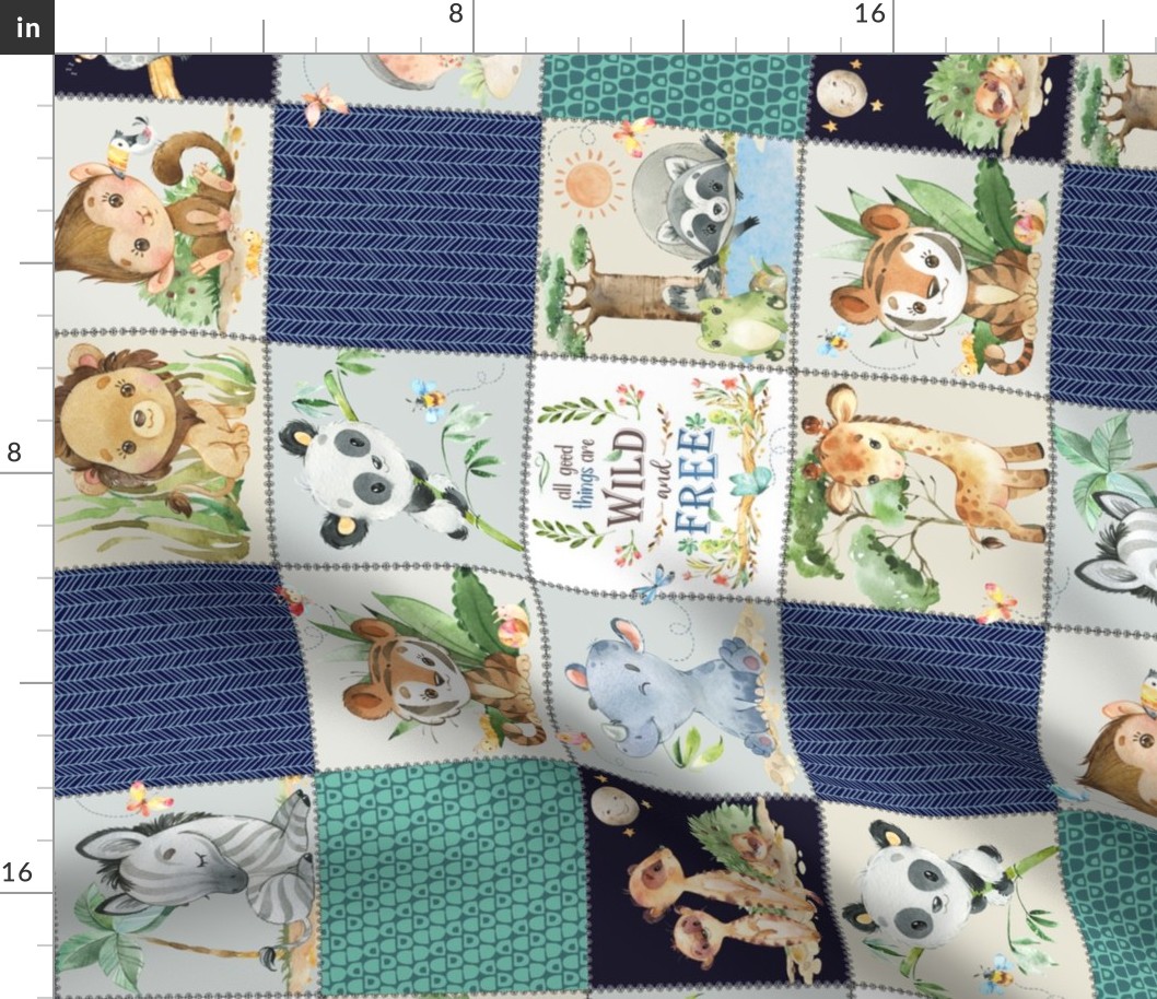 4 1/2" Safari Animals Cheater Quilt B - Jungle Nursery Baby Blanket, Giraffe Sloth Zebra Koala Tiger (teal + navy) ROTATED