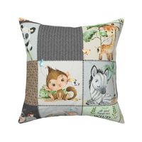 Wild Animal Patchwork Quilt A – Safari Nursery Blanket, Elephant Giraffe Panda Koala Tiger (brown + gray)