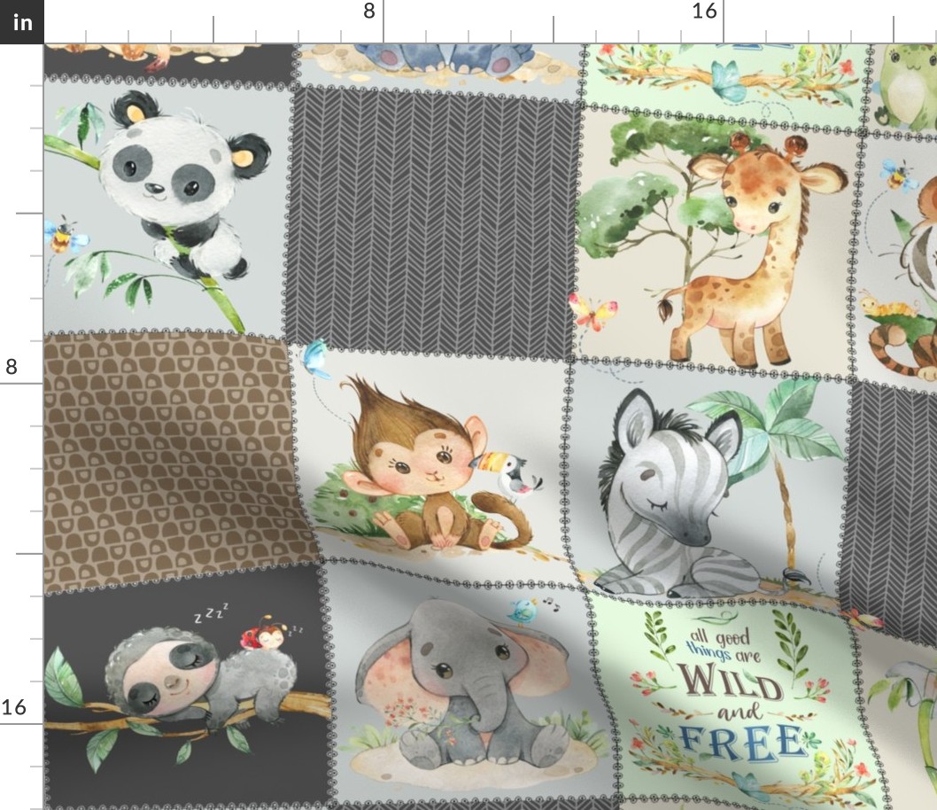 Wild Animal Patchwork Quilt A – Safari Nursery Blanket, Elephant Giraffe Panda Koala Tiger (brown + gray)