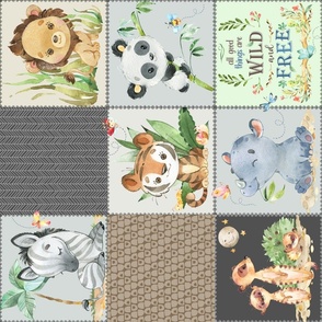 Wild Animal Patchwork Quilt A – Safari Nursery Blanket, Elephant Giraffe Panda Koala Tiger (brown + gray) ROTATED