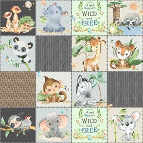 4 1/2" Wild Animal Patchwork Quilt A – Safari Nursery Blanket, Elephant Giraffe Panda Koala Tiger (brown + gray)