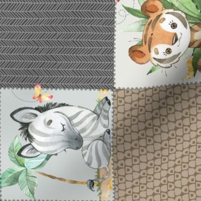 4 1/2" Wild Animal Patchwork Quilt A – Safari Nursery Blanket, Elephant Giraffe Panda Koala Tiger (brown + gray) ROTATED