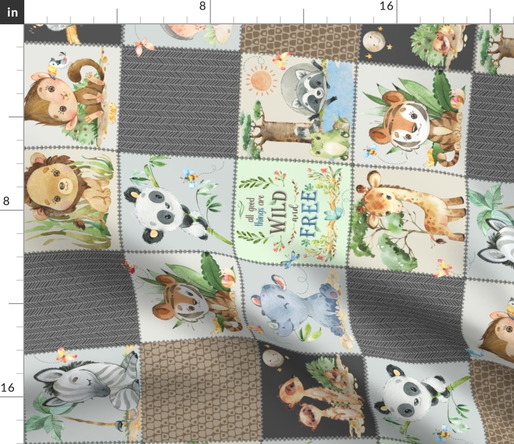 4 1/2" Wild Animal Patchwork Quilt A – Safari Nursery Blanket, Elephant Giraffe Panda Koala Tiger (brown + gray) ROTATED