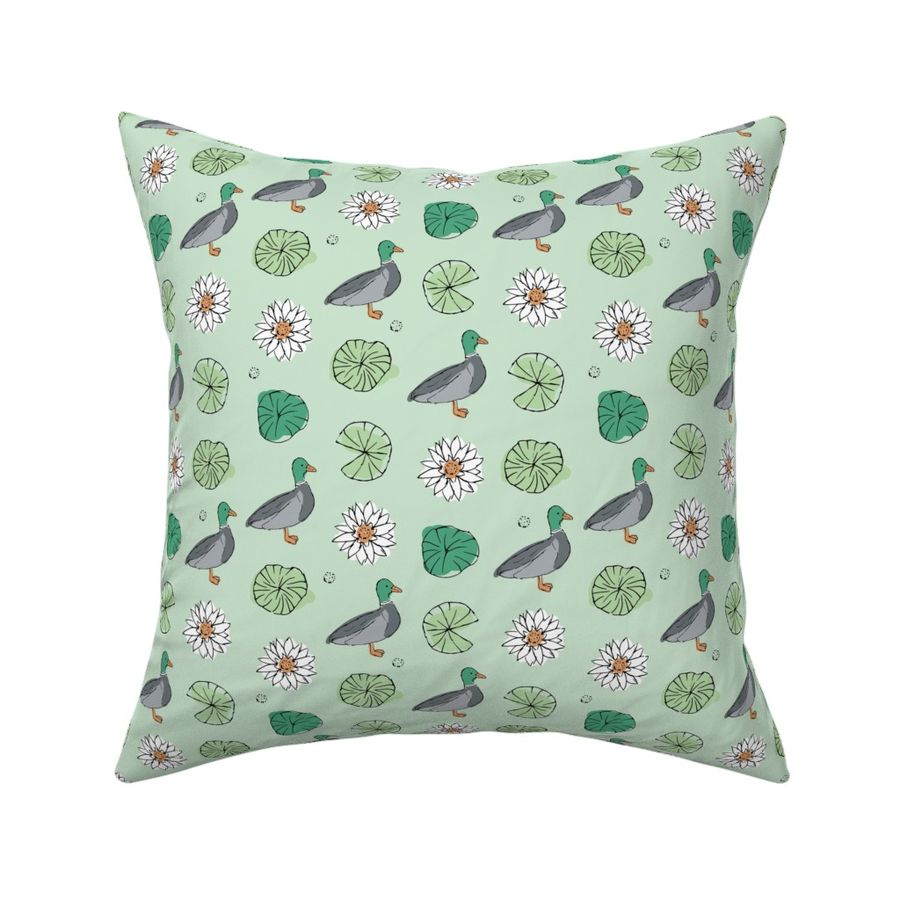 Duck pond - sweet vintage freehand duck lilies and flowers summer garden mint green 