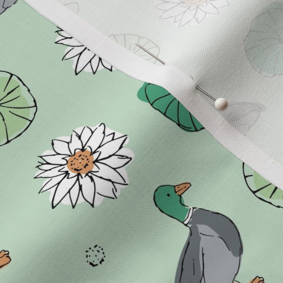 Duck pond - sweet vintage freehand duck lilies and flowers summer garden mint green 