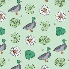Duck pond - sweet vintage freehand duck lilies and flowers summer garden mint green 