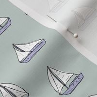 Vintage sailing boats - old ships and sails summer freehand boat design lilac white on sage