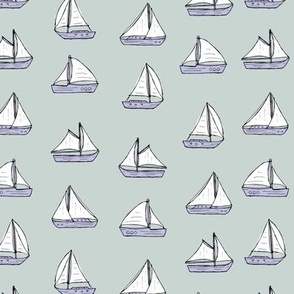Vintage sailing boats - old ships and sails summer freehand boat design lilac white on sage