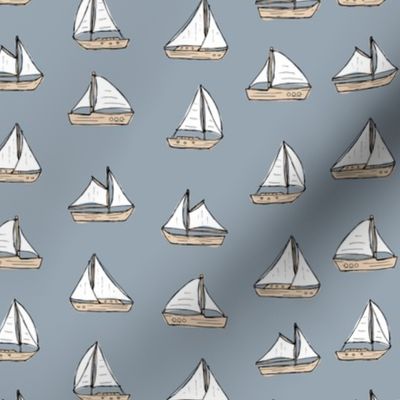 Vintage sailing boats - old ships and sails summer freehand boat design on cool gray