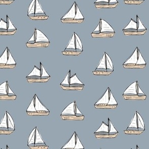 Vintage sailing boats - old ships and sails summer freehand boat design on cool gray