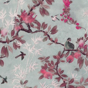 CHATEAU CHINOISERIE ON DUSTY BLUE WITH WOVEN TEXTURE AND PINK FLOWERS