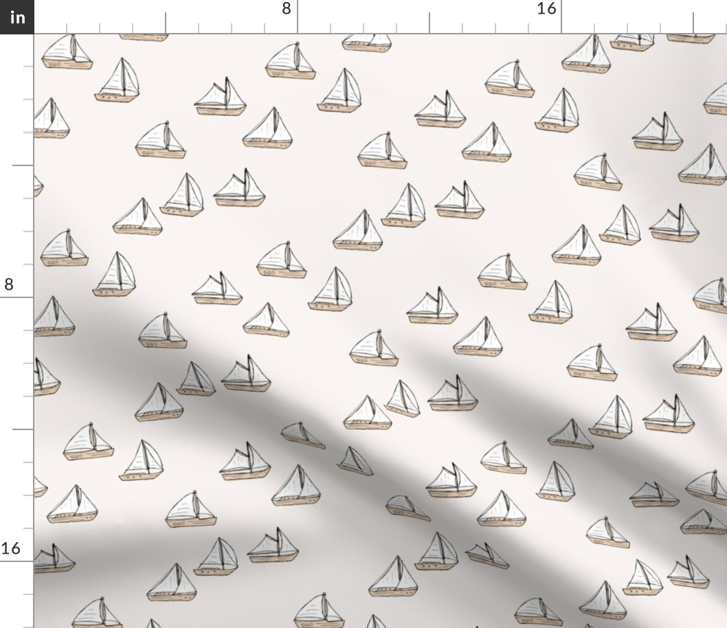 Sailing the sea - sailing boats freehand vintage minimalist design neutral seventies palette beige sand ivory