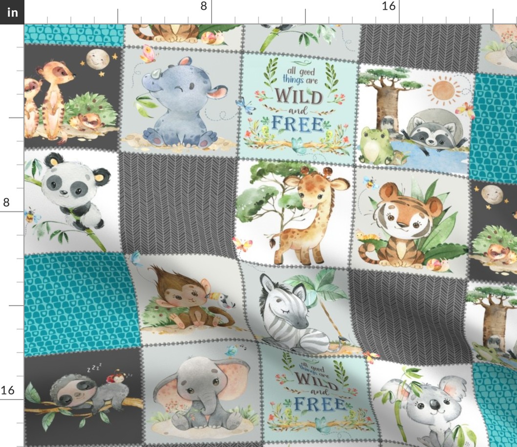 4 1/2" Jungle Animals Cheater Quilt C - Safari Nursery Blanket, Elephant Giraffe Zebra Monkey Tiger (turquoise + dark grey)