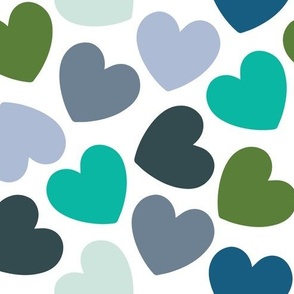 hearts: emerald, pickle, sky, aqua, teal, gray blue
