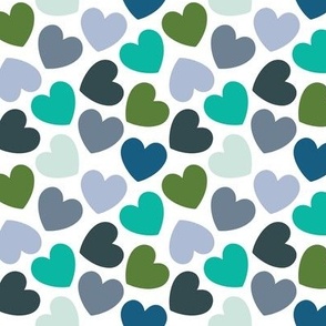 small hearts: emerald, pickle, sky, aqua, teal, gray blue