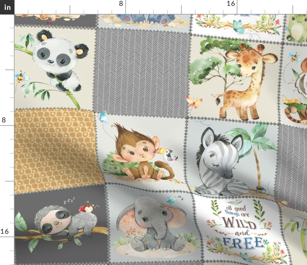 Cute Wild Animals Quilt D – Jungle Patchwork Blanket, Elephant Giraffe Zebra Monkey Tiger (yellow + grey)