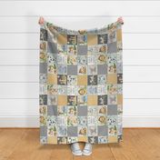 Cute Wild Animals Quilt D – Jungle Patchwork Blanket, Elephant Giraffe Zebra Monkey Tiger (yellow + grey) ROTATED