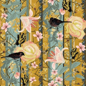 Birds Bees and Butterflies in the Garden on Modern French County Mustard Yellow and Teal Blue Stripes - LG 