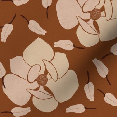 Magnolias and flower bud in earthy tones of creams rust and browns