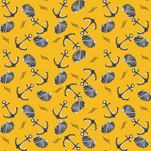 Yellow/ Navy Anchors_shells and rope all nautical ditsy print small scale