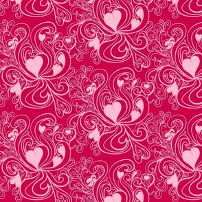 Love is in the air blooming everywhere bubblegum pink hearts on Viva Magenta with scrolls