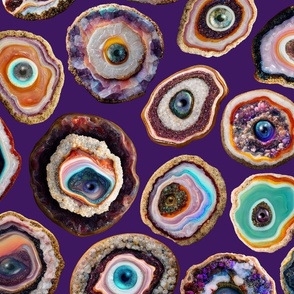 Agate Slices with Eyeballs - Large Scale - Purple Background - Evil Eye, Realistic, Weird, Mystical, Gothic, Witchy, Horror