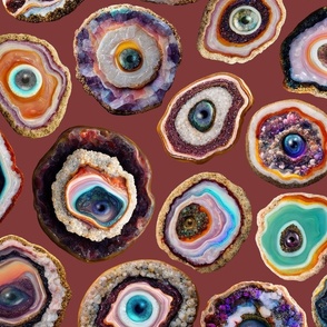 Agate Slices with Eyeballs - Large Scale - Teracotta Brown Background - Evil Eye, Realistic, Weird, Mystical, Gothic, Witchy, Horror