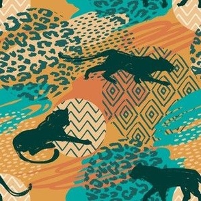 Lions on Safari in Turquoise and Sienna