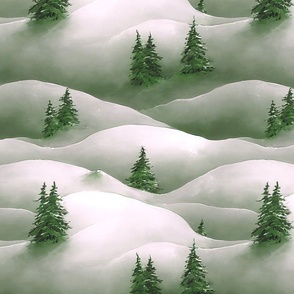 Pine trees on snowy Hills - green