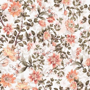 Antiqued Chinoiserie - 18th century reconstructed hand painted lush garden blush sepia double layer