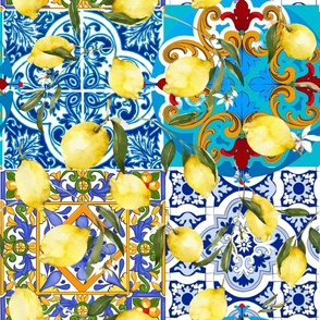 Mediterranean tiles,mosaic art,lemons 