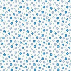 Ditsy white floral. Blue flowers with leaves. Kids floral cornflower.