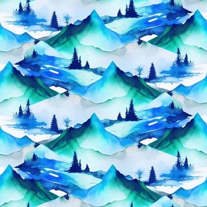 Blue and green Mountains landscape. Watercolor mountain range. 