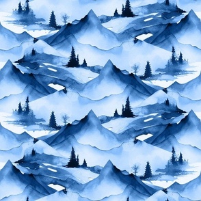 Winter mountains landscape. Adventure watercolor mountain range.