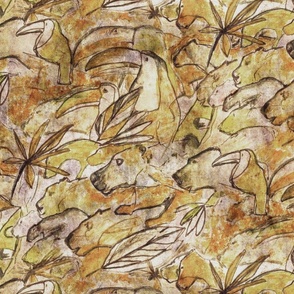 Prehistoric cave painting with a tropical twist ochre brown yellow 