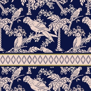 Parrot Jungle in Navy and Ecru Scroll