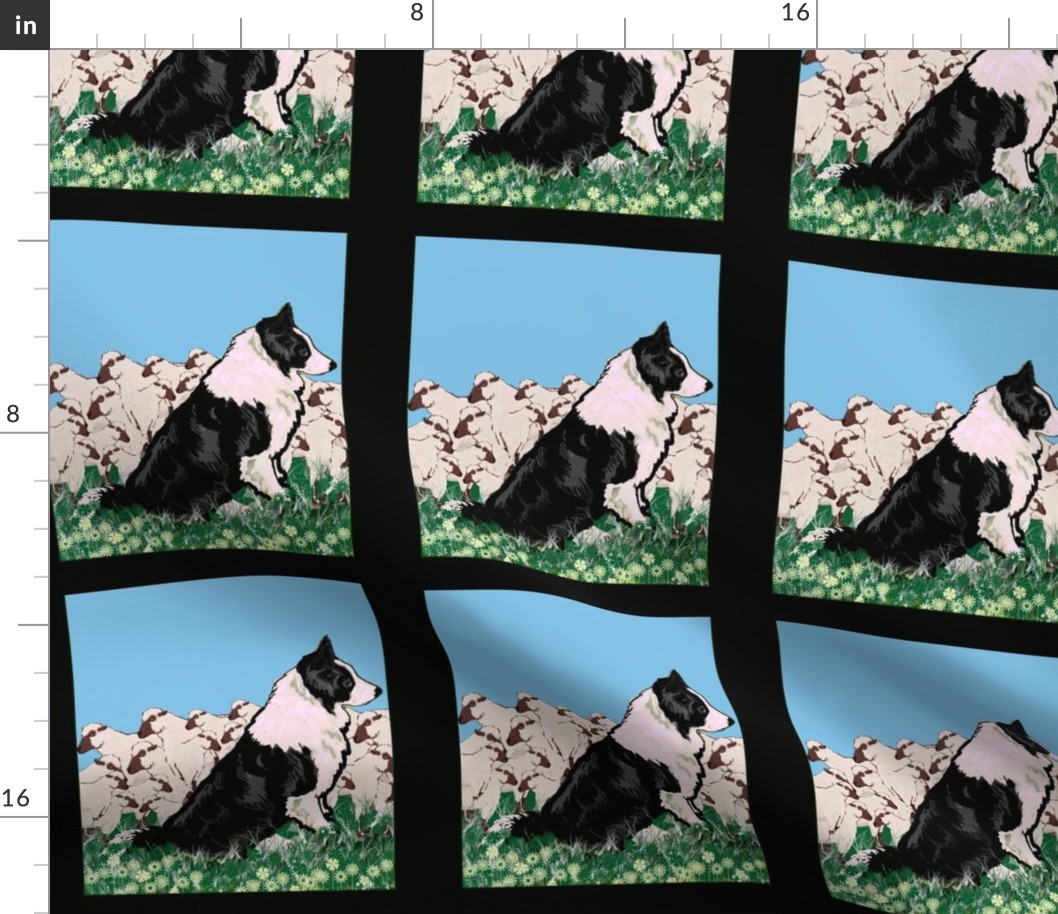 Border Collie and Sheep fabric