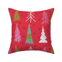 Maximalist Christmas Trees - Decorated Bright Trees on a Red and Snowy background - Large - 12x12