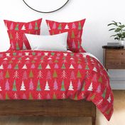 Maximalist Christmas Trees - Decorated Bright Trees on a Red and Snowy background - Large - 12x12