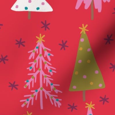 Maximalist Christmas Trees - Decorated Bright Trees on a Red and Snowy background - Large - 12x12
