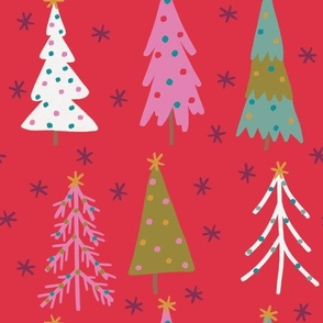 Maximalist Christmas Trees - Decorated Bright Trees on a Red and Snowy background - Large - 12x12