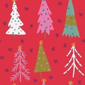 Maximalist Christmas Trees - Decorated Bright Trees on a Red and Snowy background - Medium - 6x6