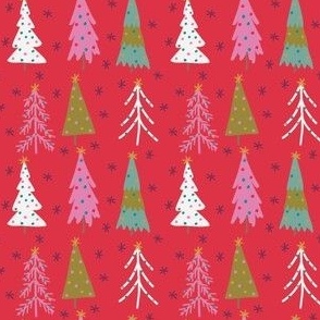 Maximalist Christmas Trees - Decorated Bright Trees on a Red and Snowy background - Small - 3x3 inch Repeat