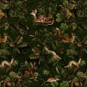 Antique Gothic Hand Painted Animal fairy tale in the magic mushroom forest - green Psychedelic mushroom wallpaper