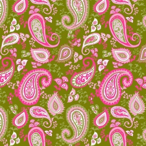 So Groovy - 70s paisley pinks and green on avocado green 