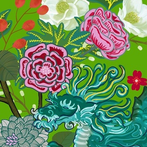 LARGE CHIANG MAI NEW LEAF GREEN_ PINK FLOWERS AND EMERALD DRAGONS