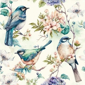 blue birds floral, watercolor